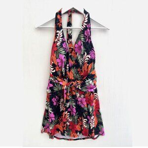 SWIMSUITS FOR ALL Floral One Piece Halter Swim Dress Swimsuit Tie Waist 14 NWT